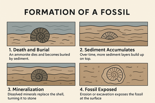 Diagram of the fossilisation process using an ammonite as an example